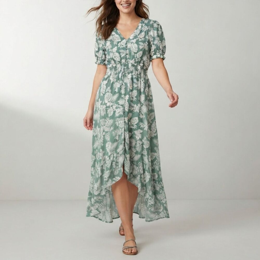 Baltic Born Green White Floral Print Smocked Midi Dress Short Puff Sleeve M